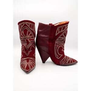 36 Isabel Marant Suede & Leather Red Embroidered Ankle Bootie
